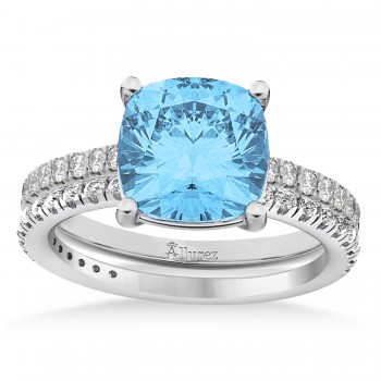 Blue Topaz & Diamond Cushion-Set Semi-Eternity Bridal Set 14K White Gold (3.22ct)