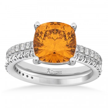 Citrine & Diamond Cushion-Set Semi-Eternity Bridal Set 14K White Gold (3.22ct)