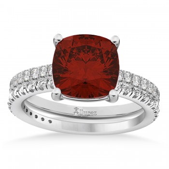 Garnet & Diamond Cushion-Set Semi-Eternity Bridal Set 14K White Gold (3.22ct)