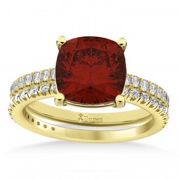 Garnet & Diamond Cushion-Set Semi-Eternity Bridal Set 14K Yellow Gold (3.22ct)