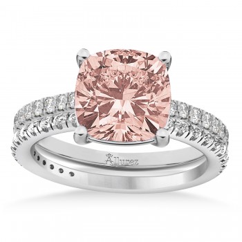 Morganite & Diamond Cushion-Set Semi-Eternity Bridal Set 14K White Gold (3.22ct)