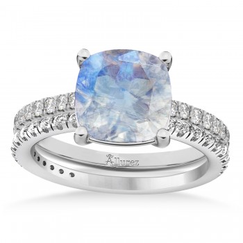 Moonstone & Diamond Cushion-Set Semi-Eternity Bridal Set 14K White Gold (3.22ct)