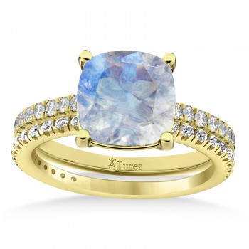 Moonstone & Diamond Cushion-Set Semi-Eternity Bridal Set 14K Yellow Gold (3.22ct)