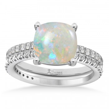 Opal & Diamond Cushion-Set Semi-Eternity Bridal Set 14K White Gold (3.22ct)