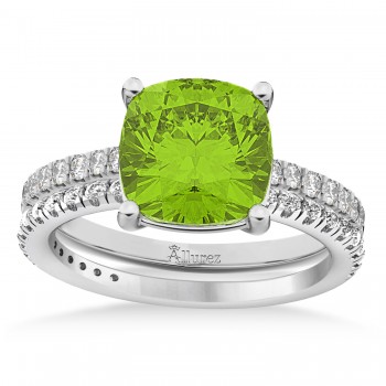 Peridot & Diamond Cushion-Set Semi-Eternity Bridal Set 14K White Gold (3.22ct)