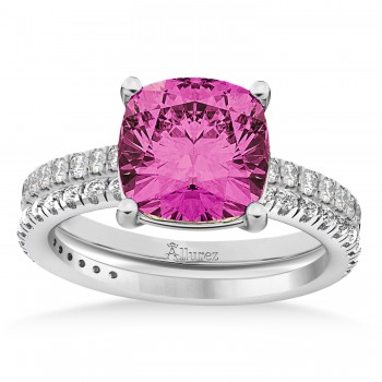 Pink Tourmaline & Diamond Cushion-Set Semi-Eternity Bridal Set 14K White Gold (3.22ct)