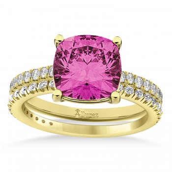 Pink Tourmaline & Diamond Cushion-Set Semi-Eternity Bridal Set 14K Yellow Gold (3.22ct)