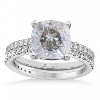 Salt & Pepper & White Diamond Cushion-Set Semi-Eternity Bridal Set 14K White Gold (2.66ct)