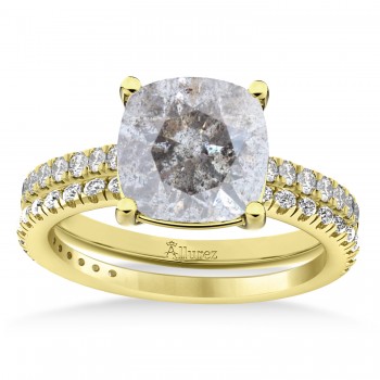 Salt & Pepper & White Diamond Cushion-Set Semi-Eternity Bridal Set 14K Yellow Gold (2.66ct)