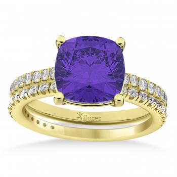 Tanzanite & Diamond Cushion-Set Semi-Eternity Bridal Set 14K Yellow Gold (3.22ct)