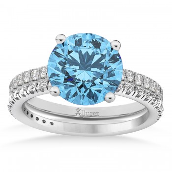 Blue Topaz & Diamond Round-Set Semi-Eternity Bridal Set 14k White Gold (3.12ct)