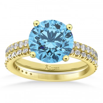 Blue Topaz & Diamond Round-Set Semi-Eternity Bridal Set 14k Yellow Gold (3.12ct)