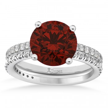 Garnet & Diamond Round-Set Semi-Eternity Bridal Set 14k White Gold (3.12ct)