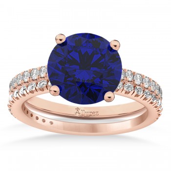 Lab Blue Sapphire & Diamond Round-Set Semi-Eternity Bridal Set 14k Rose Gold (2.92ct)