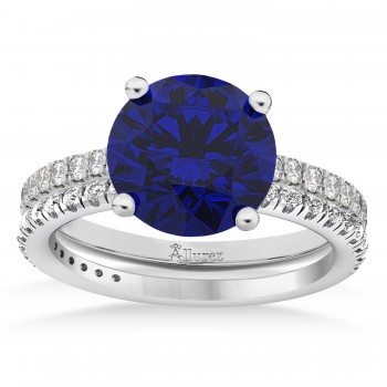 Lab Blue Sapphire & Diamond Round-Set Semi-Eternity Bridal Set 18k White Gold (2.92ct)