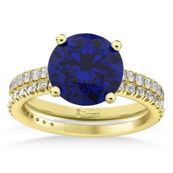 Lab Blue Sapphire & Diamond Round-Set Semi-Eternity Bridal Set 18k Yellow Gold (2.92ct)