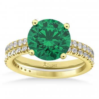 Lab Emerald & Diamond Round-Set Semi-Eternity Bridal Set 14k Yellow Gold (2.92ct)