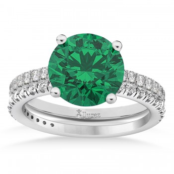 Lab Emerald & Diamond Round-Set Semi-Eternity Bridal Set 18k White Gold (2.92ct)