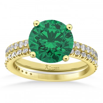 Lab Emerald & Diamond Round-Set Semi-Eternity Bridal Set 18k Yellow Gold (2.92ct)