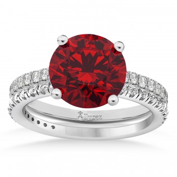 Lab Ruby & Diamond Round-Set Semi-Eternity Bridal Set 14k White Gold (2.92ct)