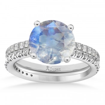 Moonstone & Diamond Round-Set Semi-Eternity Bridal Set 14k White Gold (3.12ct)