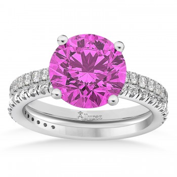 Pink Sapphire & Diamond Round-Set Semi-Eternity Bridal Set 18k White Gold (2.92ct)