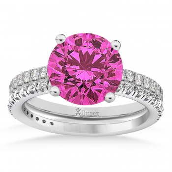 Pink Tourmaline & Diamond Round-Set Semi-Eternity Bridal Set 14k White Gold (2.62ct)