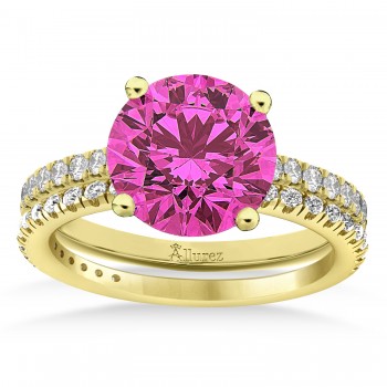 Pink Tourmaline & Diamond Round-Set Semi-Eternity Bridal Set 14k Yellow Gold (2.62ct)