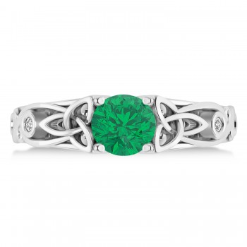 Diamond & Emerald Celtic Engagement Ring 14k White Gold (1.06ct)