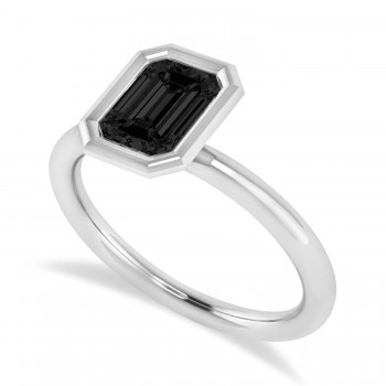 Emerald-Cut Bezel-Set Black Diamond Solitaire Ring 14k White Gold (1.00 ctw)