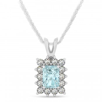 Emerald Shape Aquamarine & Diamond Pendant Necklace 14k White Gold (2.50ct)