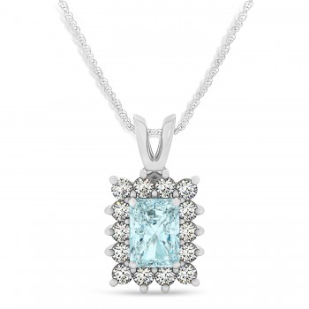 Emerald Shape Aquamarine & Diamond Pendant Necklace 14k White Gold (2.50ct)