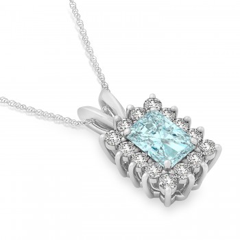 Emerald Shape Aquamarine & Diamond Pendant Necklace 14k White Gold (2.50ct)