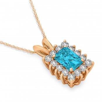Emerald Shape Blue Diamond & Diamond Pendant Necklace 14k Rose Gold (3.00ct)