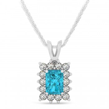 Emerald Shape Blue Diamond & Diamond Pendant Necklace 14k White Gold (3.00ct)