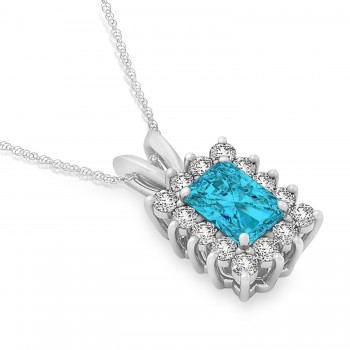Emerald Shape Blue Diamond & Diamond Pendant Necklace 14k White Gold (3.00ct)