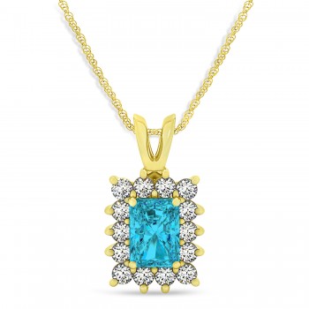 Emerald Shape Blue Diamond & Diamond Pendant Necklace 14k Yellow Gold (3.00ct)