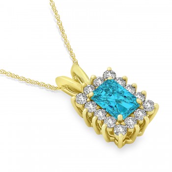 Emerald Shape Blue Diamond & Diamond Pendant Necklace 14k Yellow Gold (3.00ct)