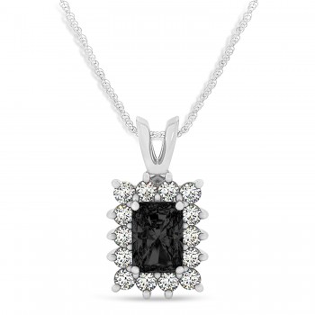 Emerald Shape Black Diamond & Diamond Pendant Necklace 14k White Gold (3.00ct)