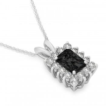 Emerald Shape Black Diamond & Diamond Pendant Necklace 14k White Gold (3.00ct)