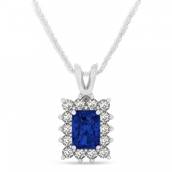 Emerald Shape Blue Sapphire & Diamond Pendant Necklace 14k White Gold (2.80ct)