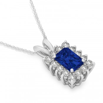 Emerald Shape Blue Sapphire & Diamond Pendant Necklace 14k White Gold (2.80ct)
