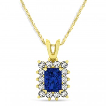 Emerald Shape Blue Sapphire & Diamond Pendant Necklace 14k Yellow Gold (2.80ct)