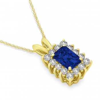 Emerald Shape Blue Sapphire & Diamond Pendant Necklace 14k Yellow Gold (2.80ct)