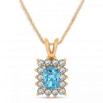 Emerald Shape Blue Topaz & Diamond Pendant Necklace 14k Rose Gold (3.90ct)