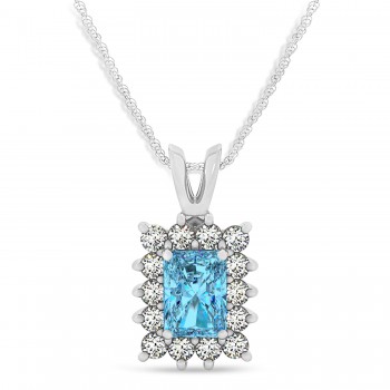 Emerald Shape Blue Topaz & Diamond Pendant Necklace 14k White Gold (3.90ct)