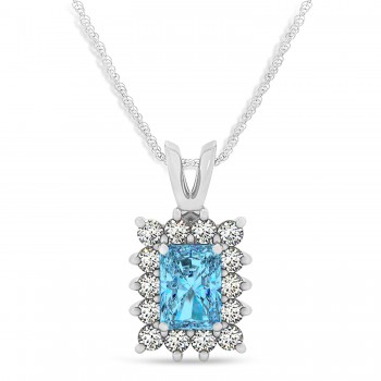 Emerald Shape Blue Topaz & Diamond Pendant Necklace 14k White Gold (3.90ct)