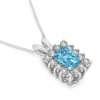 Emerald Shape Blue Topaz & Diamond Pendant Necklace 14k White Gold (3.90ct)