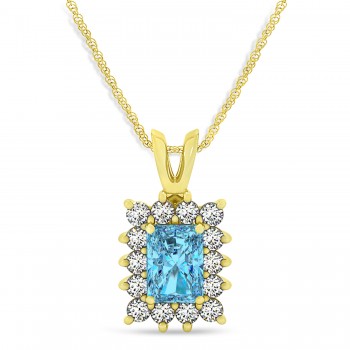 Emerald Shape Blue Topaz & Diamond Pendant Necklace 14k Yellow Gold (3.90ct)