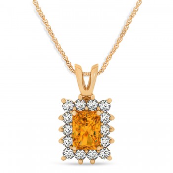 Emerald Shape Citrine & Diamond Pendant Necklace 14k Rose Gold (2.75ct)